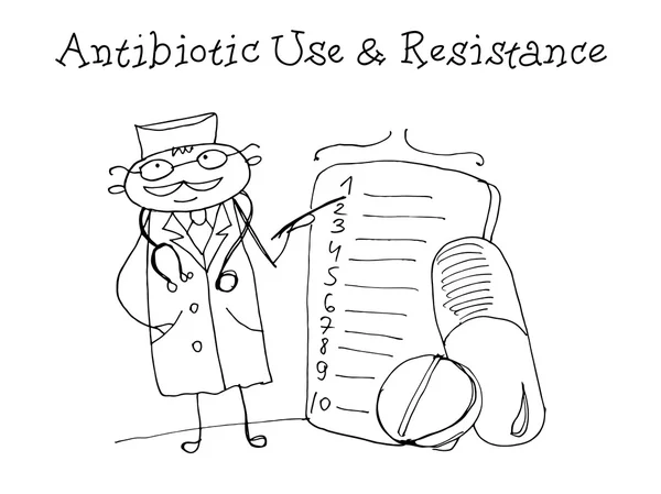 Докторе. Використання антибіотиків. Здоров'я дітей. Ескіз графіки у векторі . — стоковий вектор