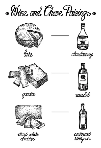 Wein und Käse Paarungen. skizzenhafter Stil. handgezeichnete grafische Illustration im Vektor. Tuschezeichnung. — Stockvektor