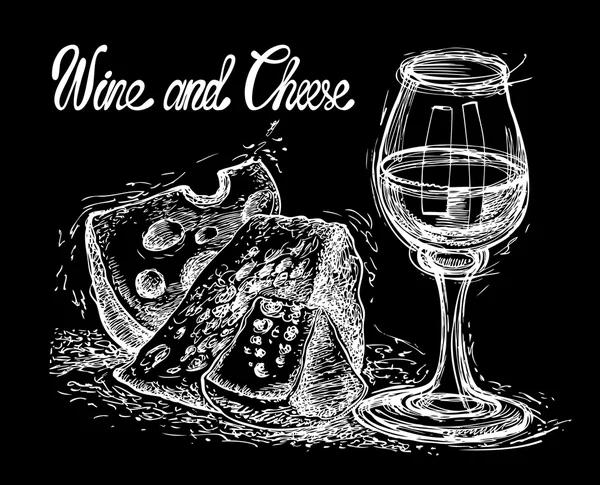 Ainda vida com queijo e vinho. Estilo esquisito. Ilustração gráfica desenhada à mão em vetor. Desenho de placa de giz . —  Vetores de Stock