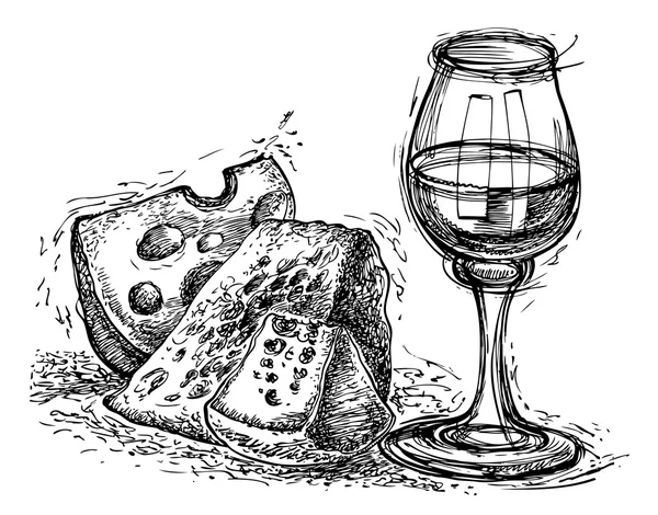 Stillleben mit Käse und Wein. skizzenhafter Stil. handgezeichnete grafische Illustration im Vektor. Tuschezeichnung. — Stockvektor