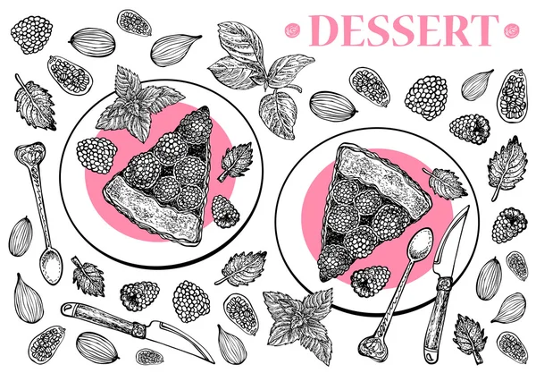 디저트 접시입니다. 산딸기와 민트 잎 케이크 벡터 손으로 그려진 그래픽 일러스트. 스케치 스타일. — 스톡 벡터