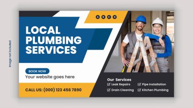 Handyman Plumbing Services Horizontal Banner Template for Faucet Fixing, Water Leak Repair, and Pipe Installation