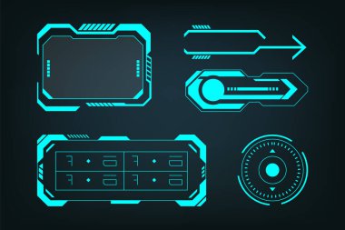 Parlak bilim kurgu çerçeveleri, dijital ızgaralar ve oyun ve teknoloji görselleri için UI elementleri içeren yüksek teknoloji neon kaplama paketi.
