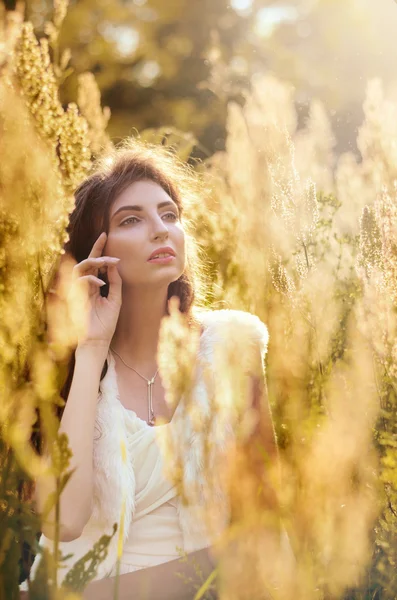 Beauty Romantic Girl, Model Outdoors Dressed in Casual Short Dress on the Field in Sun Light. Blowing Long Hair. Autumn. Glow Sun, Sunshine. Backlit. Toned in warm colors. — Stock Photo, Image