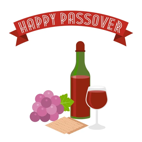 Glückliches Pessach mit Trauben, Wein und Matzo — Stockvektor