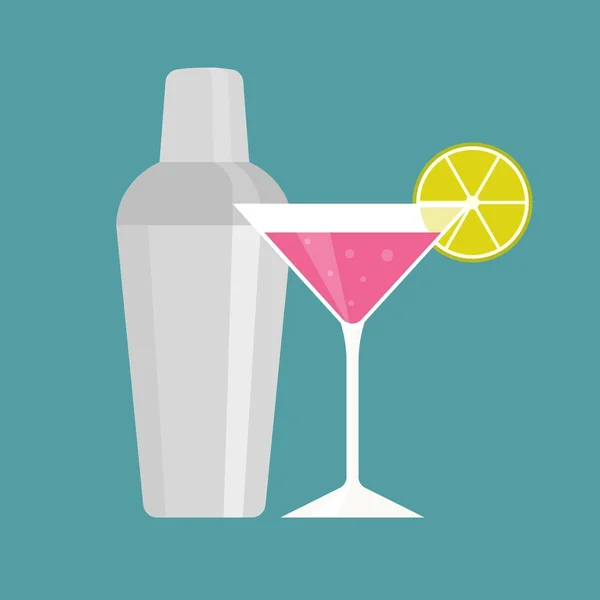Shaker met roze martini, cocktail- en pepermolens pictogram, platte ontwerp — Stockvector