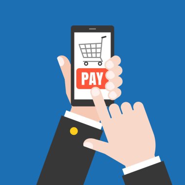 Holding akıllı telefon illüstrasyon, dokunmadan ekran satın düğmesi ile online ödeme para için smartphone el kullanarak, iş online ve e ticaret kavramı el el