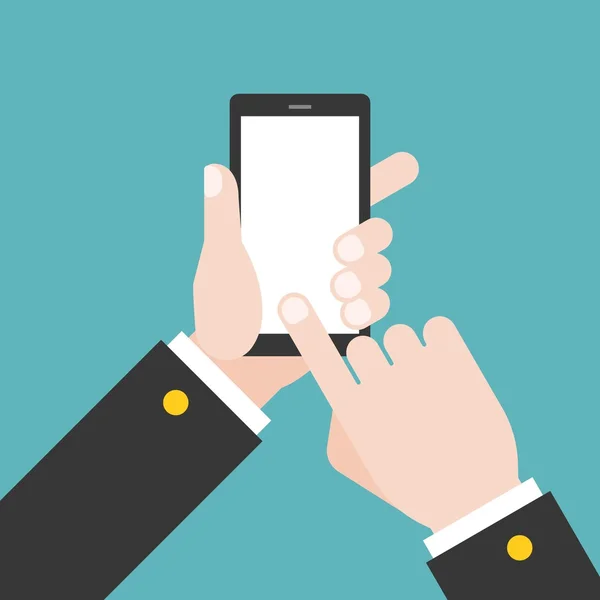 Ruka držící smartphone ilustrace, ruka se dotýká prázdná bílá obrazovka — Stockový vektor