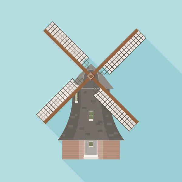 Nederlandse windmolen vector, windmolen pictogram, platte ontwerp met lange schaduw — Stockvector