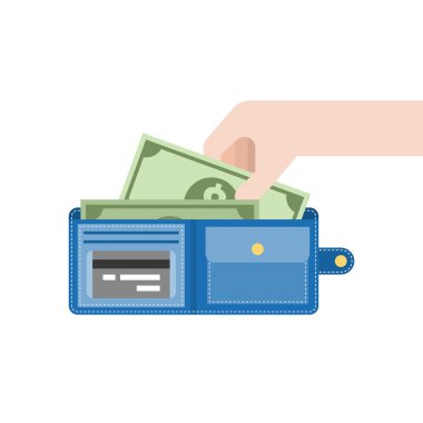 Mavi cüzdan, el, düz tasarım olarak dolar para Seç