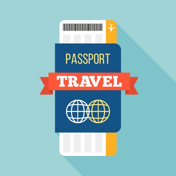 Passaporto e vettore illustrazione biglietto, set di icone di viaggio, design piatto — Vettoriale Stock