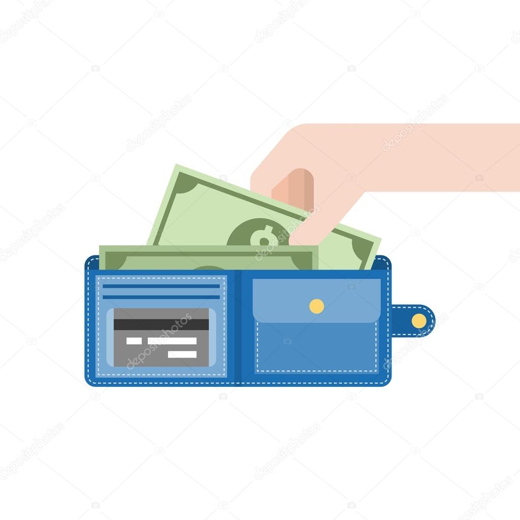Hand pick money from blue wallet, dollar in hand, flat design Stock