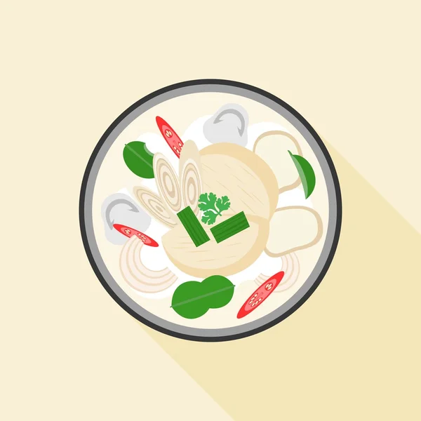 Thais eten, Tom kha kai (kip en Laos in kokos soep), platte ontwerp — Stockvector