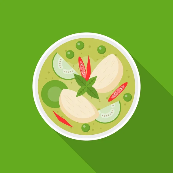 Thajské jídlo, kuře se zeleným kari, plochý design — Stockový vektor