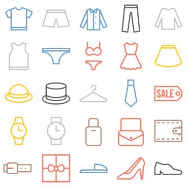 Vektör giyim simgeler ayarla, ince çizgi