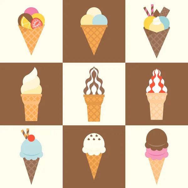 Conjunto de cono de helado y cobertura, suave servir icono de helado, diseño plano — Vector de stock