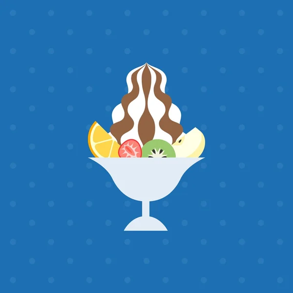 Postre de hielo e ilustración de frutas tropicales, icono de servicio suave, helado con fruta en vidrio, diseño plano — Vector de stock