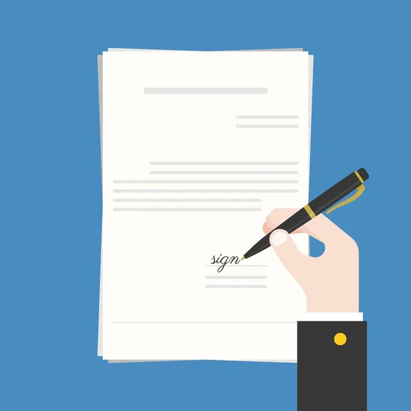Üzleti kezében toll aláírása szerződés, dokumentum vagy ajánlat, lapos design vektor illusztráció — Stock Vector