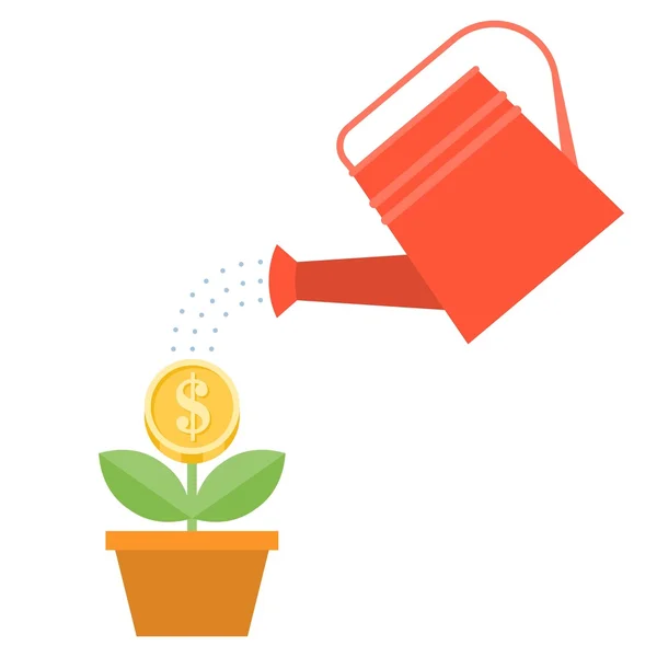 Regando pode e planta dólar em vaso, projeto liso — Vetor de Stock