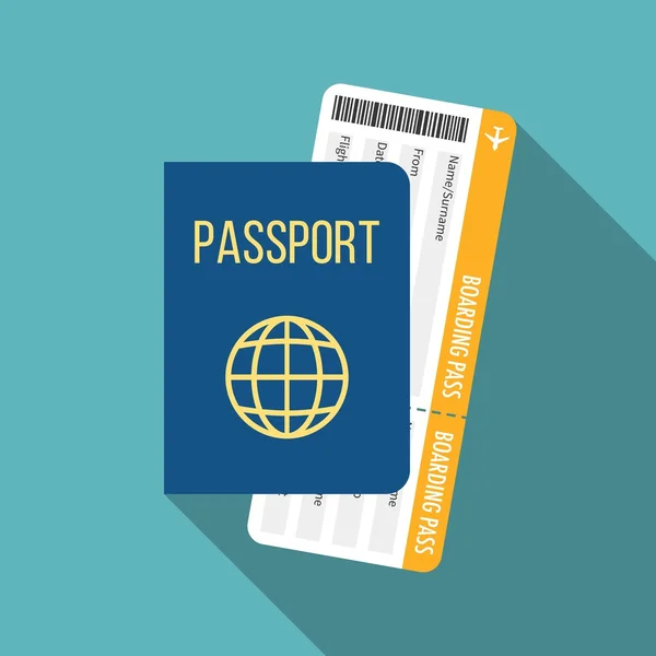Icona di viaggio, passaporto e carta d'imbarco, design piatto — Vettoriale Stock