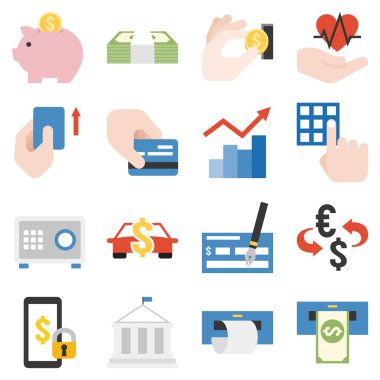 Banka ürünleri ve finansal hizmet Icons set, düz tasarım
