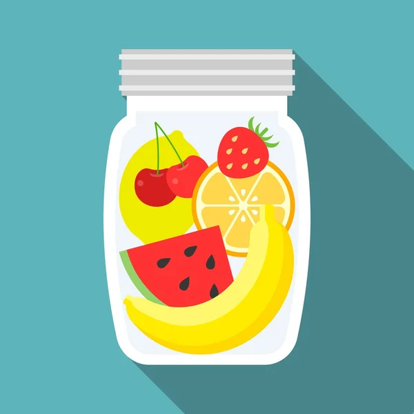 Vector fruit in glass bottle, flat design — Stock Vector