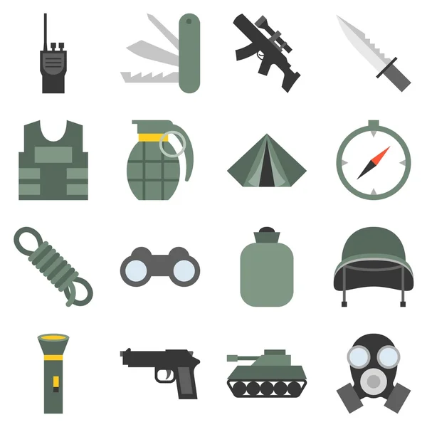 Conjunto de ícones militares vetoriais, design plano — Vetor de Stock