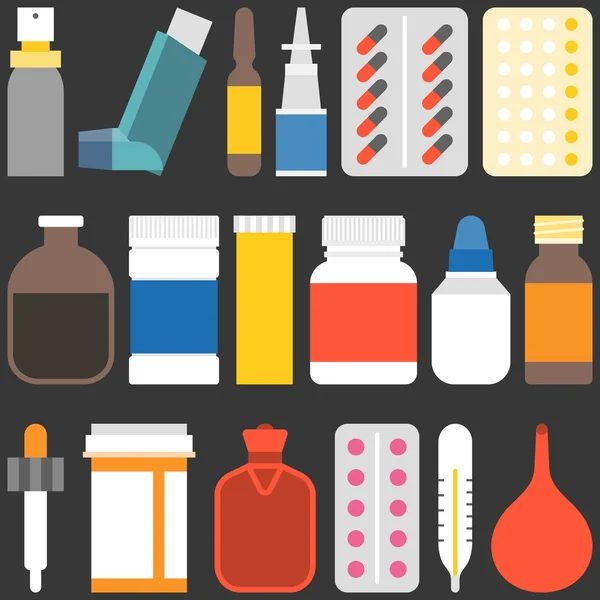 Colección de medicamentos 2. Frascos, tabletas, cápsulas, aerosoles y equipos, de diseño plano — Vector de stock