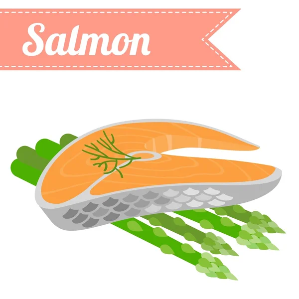 Vector salmon with asparagus, flat style with name — Stock Vector