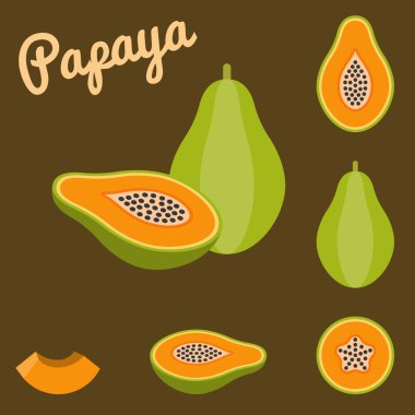 Vektör papaya ve yarım papaya set, düz tasarım