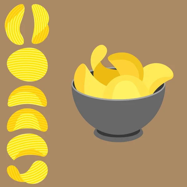 Patatas fritas vectoriales en tazón y papas fritas con textura, diseño plano — Vector de stock