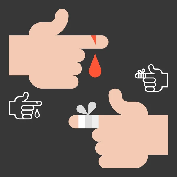 Vector first aid and accident icons,hurts finger and hand, flat design — Stock Vector