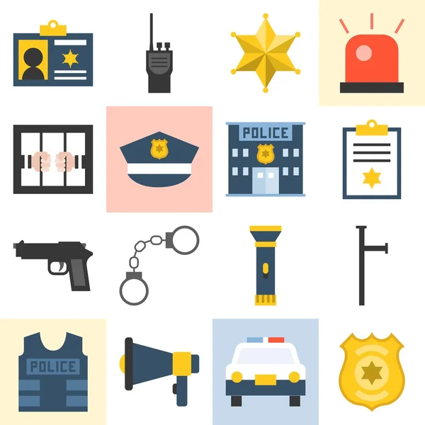 Conjunto de ícones da polícia vetorial, design plano — Vetor de Stock