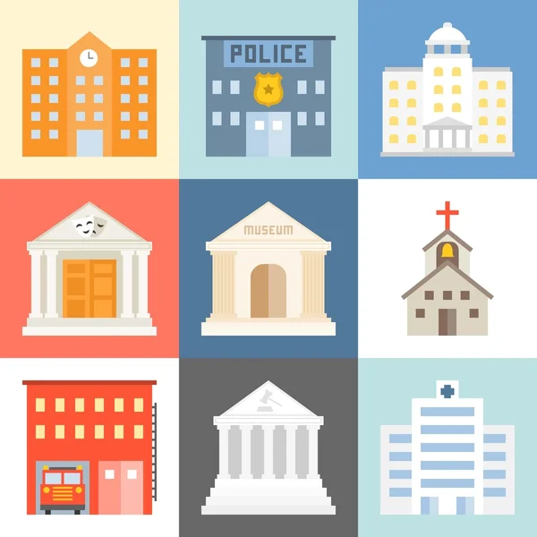 Conjunto de ícones de edifícios públicos vetoriais, design plano — Vetor de Stock