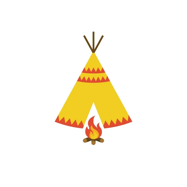 Σκηνή teepee αμερικανών ιθαγενών και φωτιά με ξύλα εικονίδιο εικονογράφηση διάνυσμα, επίπεδη σχεδίαση — Διανυσματικό Αρχείο
