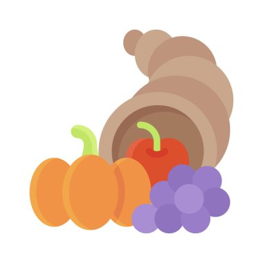 Meyve ve sebze ikonlu Cornucopia, Şükran Günü vektör illüstrasyonu