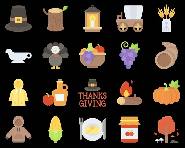 Thanksgiving Verwandte Flache Ikone Set Vektorillustration — Stockvektor