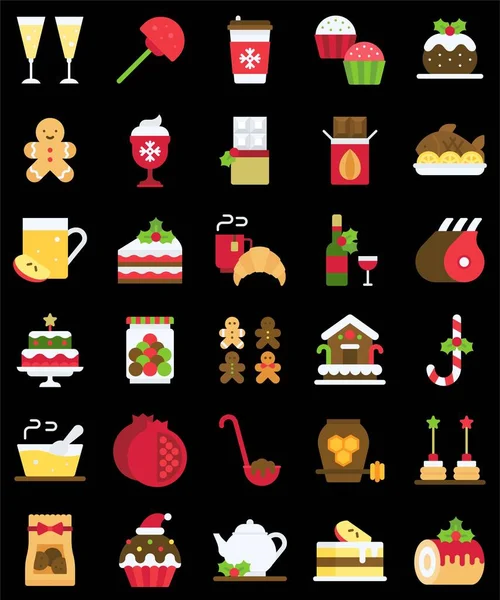 Comida Natal Bebidas Flat Icon Set Ilustração Vetorial — Vetor de Stock