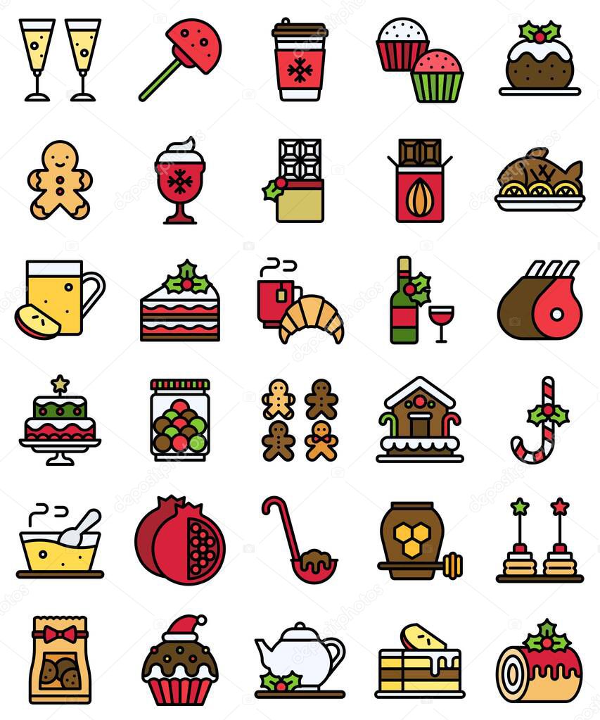 Christmas food and drinks filled icon set, vector illustration