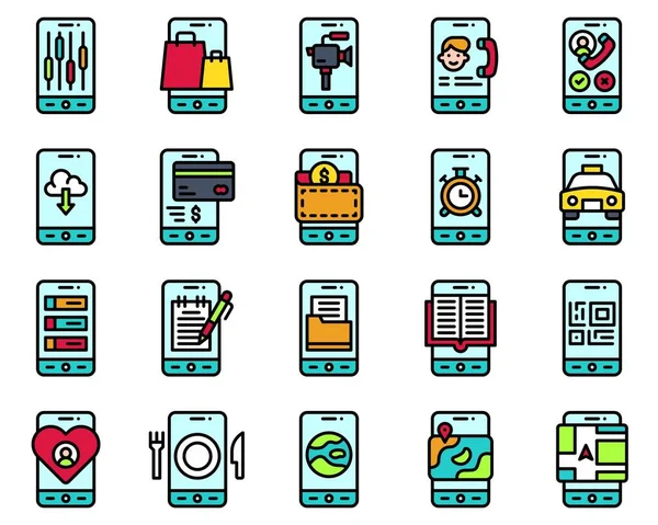 Mobile Application Icon Set Filled Stye Vector Illstration — Stock Vector