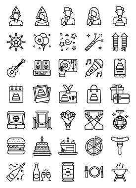 Doğum günü ve parti bağlantılı vektör simgesi seti, satır stye