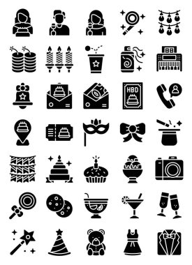 Doğum günü ve parti bağlantılı vektör simgesi kümesi 2, katı stye