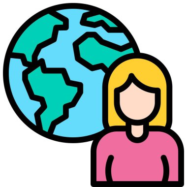 Globe ikonu olan kadın, Uluslararası Kadınlar Günü bağlantılı vektör illüstrasyonu