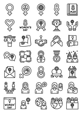 Uluslararası Kadınlar Günü ile ilgili çizgi simgesi seti, vektör illüstrasyonu