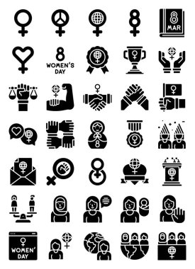Uluslararası Kadınlar Günü ile ilgili katı simge seti, vektör illüstrasyonu