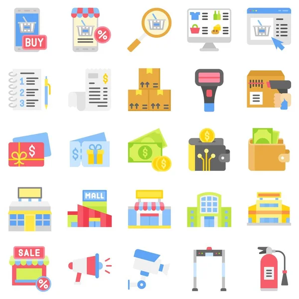 Conjunto Iconos Relacionados Con Supermercados Centros Comerciales Ilustración Vectores Estilo — Archivo Imágenes Vectoriales