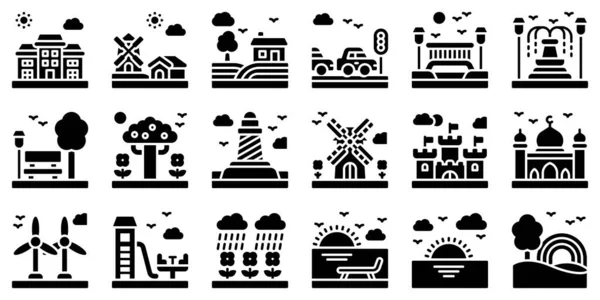 Landscape Icon Set Vektor Illustration Soliden Stil — Stockvektor