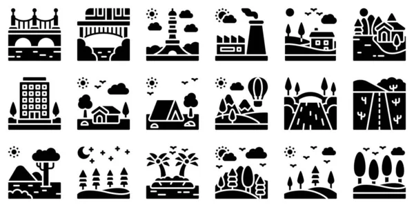 Paisaje Icono Conjunto Ilustración Vectores Estilo Sólido — Vector de stock