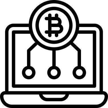 Dizüstü bilgisayar simgesi üzerindeki Bitcoin, Kripto para birimiyle ilgili vektör çizimi