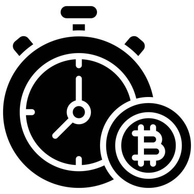 Stopwatch ve Bitcoin simgesi, Kripto para birimi bağlantılı vektör çizimi